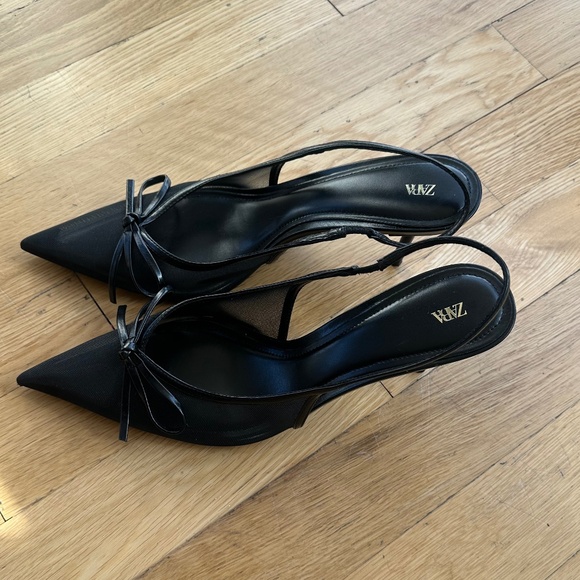 Zara Black Bow Slingbacks | Mesh Heels | Cocktail & Evening Style Sz 42 - Picture 2 of 4